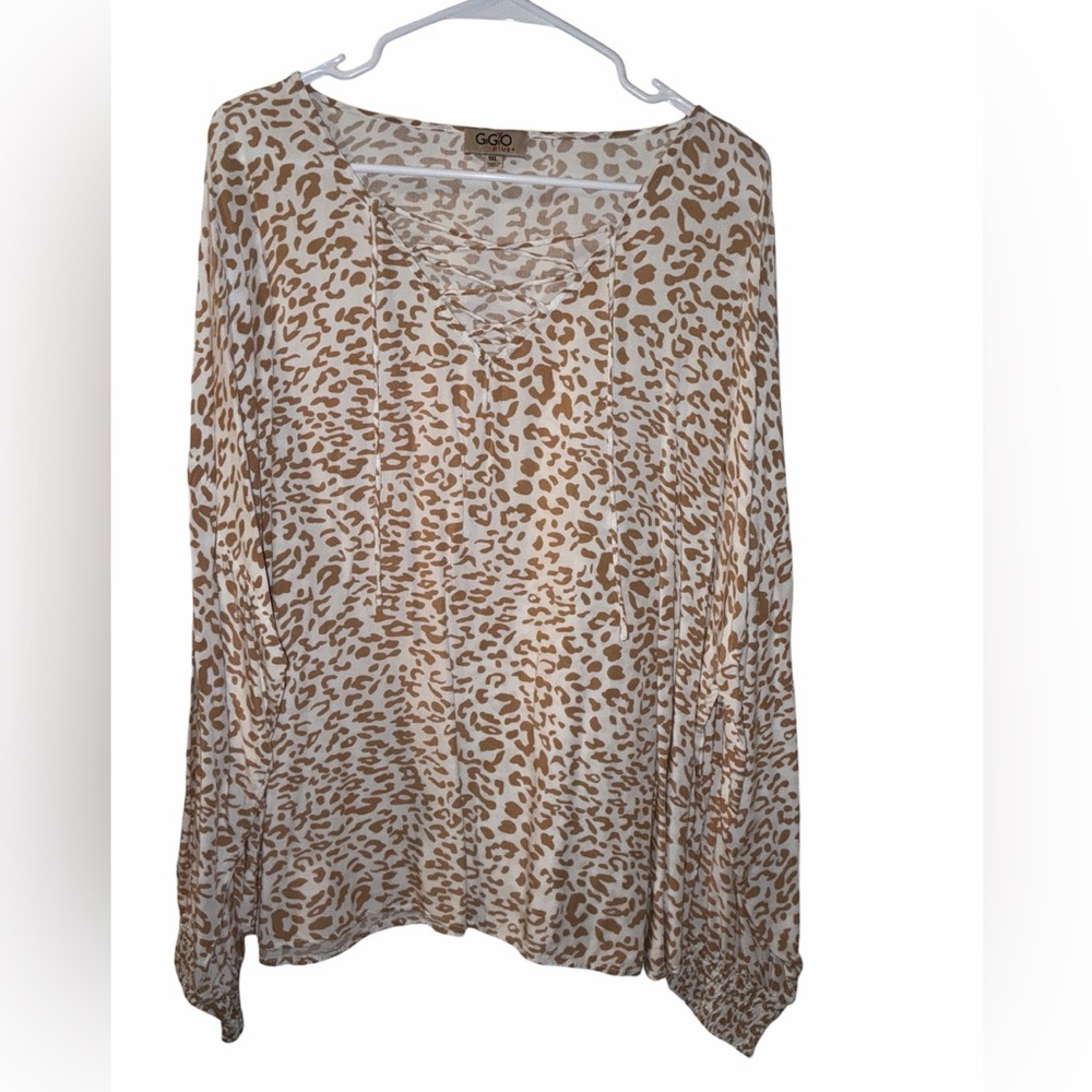 GiGio Leopard Dolman Sleeve Top With Tie Neckline And Smocked Cuffs, Size 1X